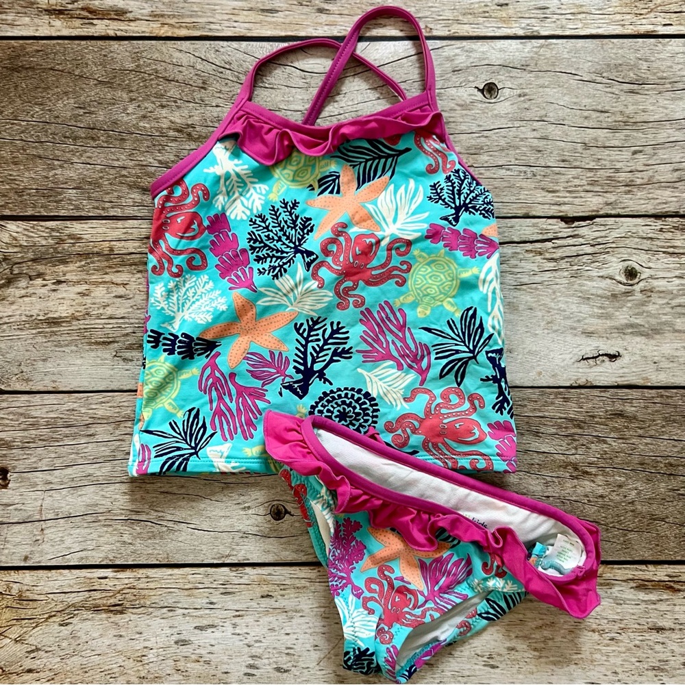 Garnet Hill Kids Bikini with Pink and Aqua Sea Life Print
